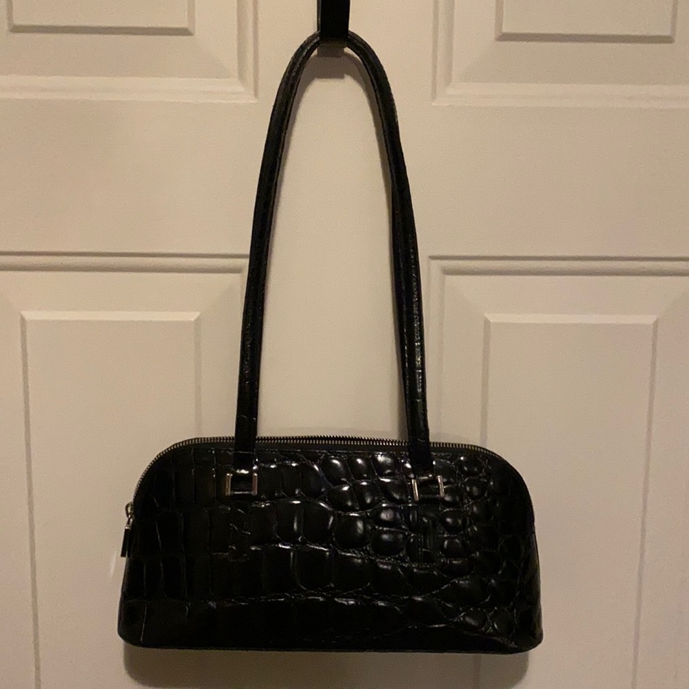 Furla black crocodile embossed leather handbag